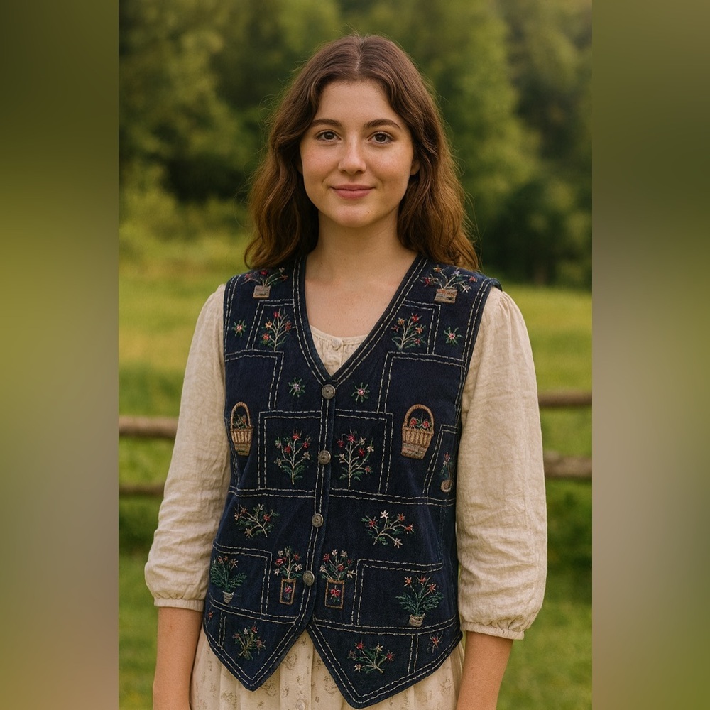 Vintage Van Heusen Corduroy Embroidered Medium Cottagecore Vest Garden Floral